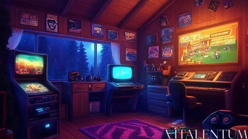 Retro-futurist attic gaming studio with CRTs and consoles.