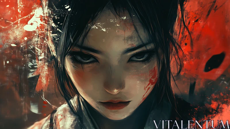 Fierce gaze amid crimson storms of paint and emotion.