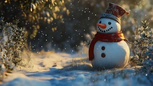Cheerful snowman glowing in golden winter twilight.