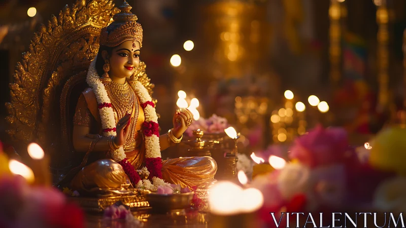 Radiant goddess statue amid devotional candlelit garlands.