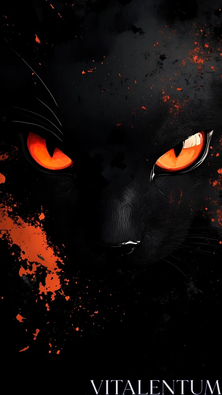 Black feline portrait with incandescent eyes and splatter abstraction