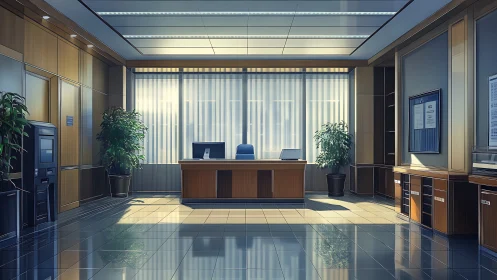 Modern executive office interior with central desk focus.