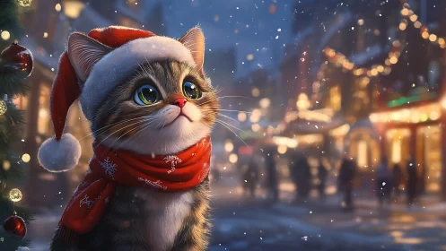Festive kitten in Santa hat on snowlit city street at dusk.