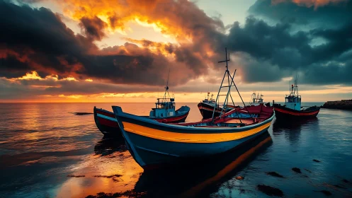 Fishing boats align on reflective shore under saturated sunset sky