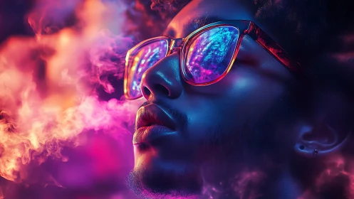 Neon-lit portrait with cosmic reflections in vivid vapor glow.