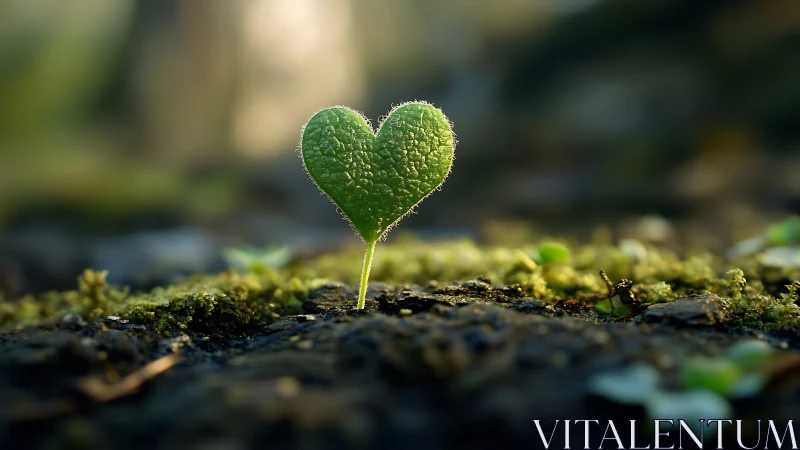 Heart-shaped seedling emerging from mossy forest floor.