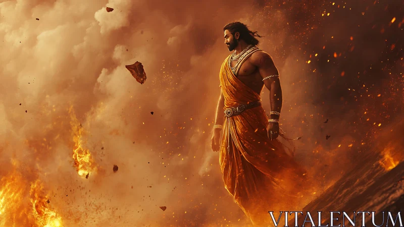 Male figure in saffron garments stands amid dense firestorm