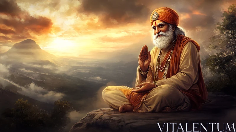 Elderly sage in saffron robes meditates over misty mountainscape