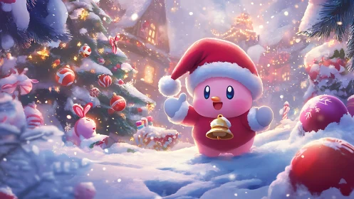 Pink character in Santa outfit stands in snowy ornamented yard