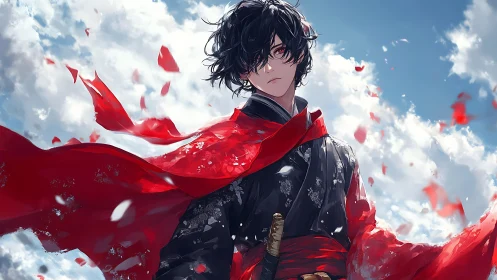 Red-scarfed samurai youth stands against dynamic cloudscape
