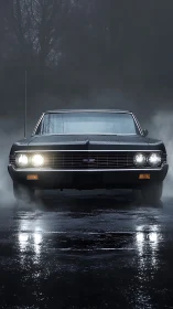 Low-angle frontal study of classic sedan headlights cutting dense fog