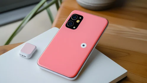Coral-Pink Smartphone with Dual Camera Array and White Power Bank