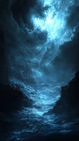 Moonlit abyssal seascape surges beneath storm-torn clouds