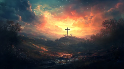 Wooden cross on hill under dramatic glowing sunset sky.