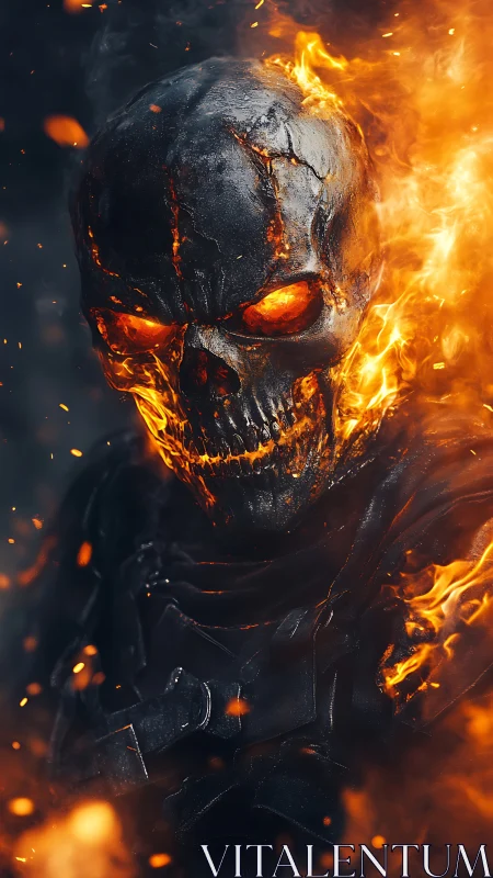 Volcanic flame-wreathed skull warrior in molten armor close-up