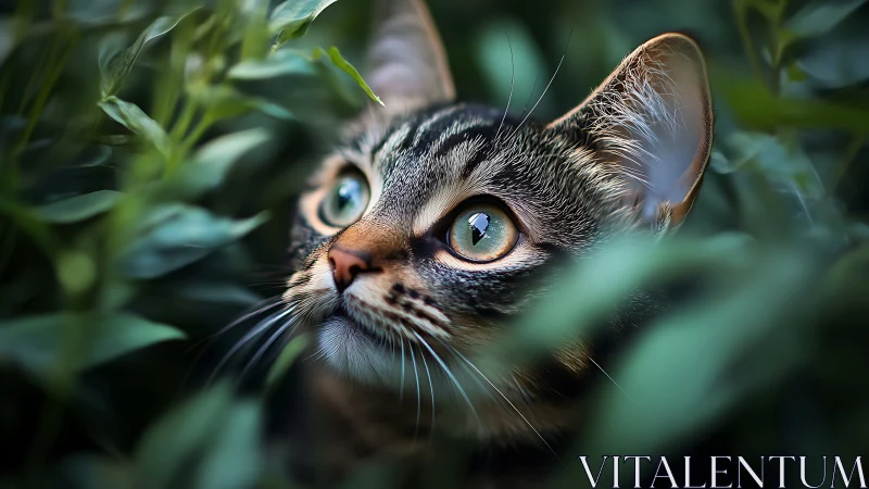 Curious Tabby Peeks Through Garden Leaves.