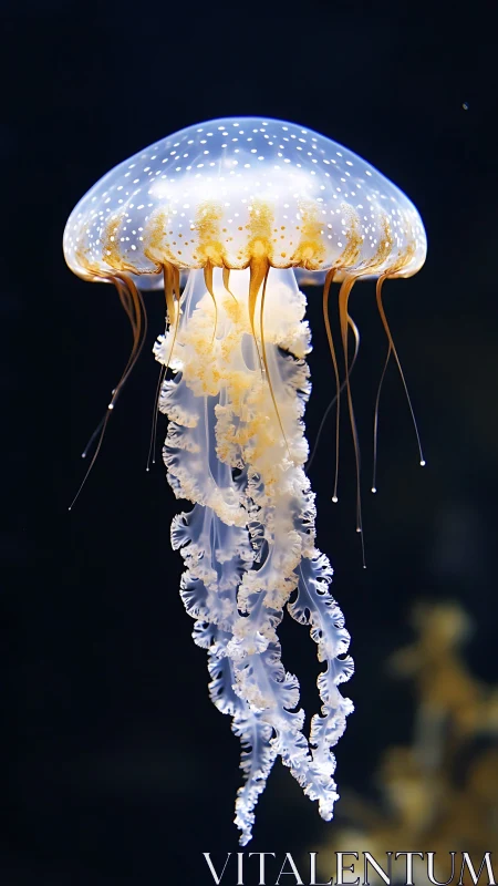 Bioluminescent jellyfish drifts through deep blue water.