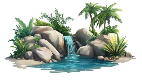 Tropical Waterfall Oasis with Lush Vegetation and Boulder Formation