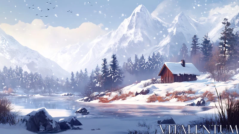 Snowy mountain cabin rests beside a tranquil frozen river.