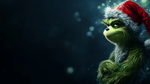 Grumpy green Christmas creature with red Santa hat pose.