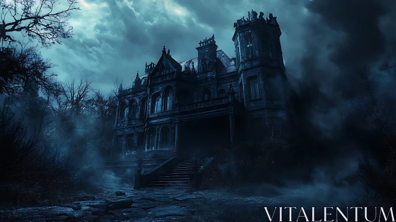 Gothic mansion stands amid dense fog and storm clouds
