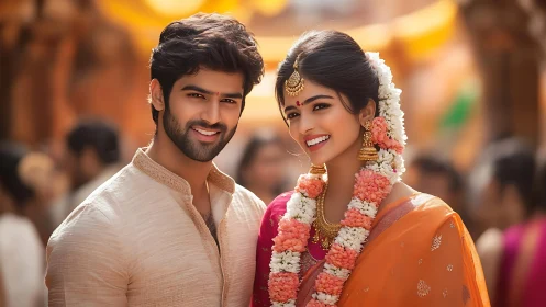 Joyful couple in traditional celebration glow.