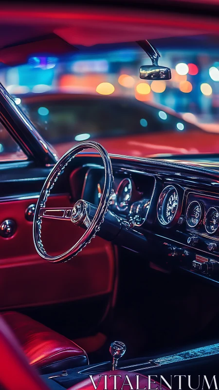 Classic coupe interior under neon cinematic bokeh lighting.