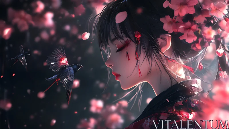 Digital anime portrait with sakura, birds, and soft bokeh lighting.
