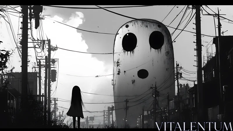 Silhouetted figure facing large masked structure in street.