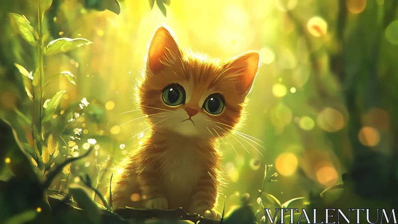 Sunlit Ginger Kitten in an Enchanted Garden.