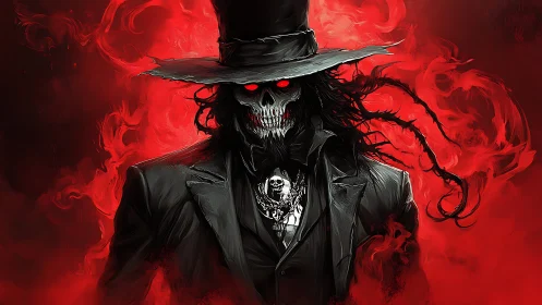 Crimson dandy of death strides through swirling hellfire.