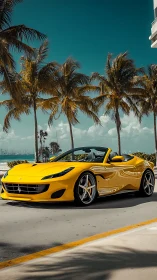 Yellow convertible supercar glides along a tropical coastal road
