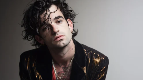 Moody portrait captures tousled hair and metallic jacket style.