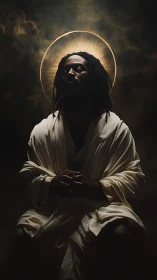 Figure in robe sits with circular backlight halo effect