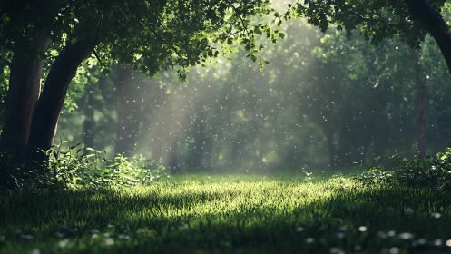 Forest clearing illuminated by volumetric light rays through canopy.