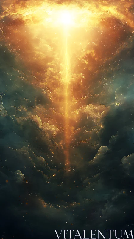 Vertical golden energy beam piercing stormy dark clouds.