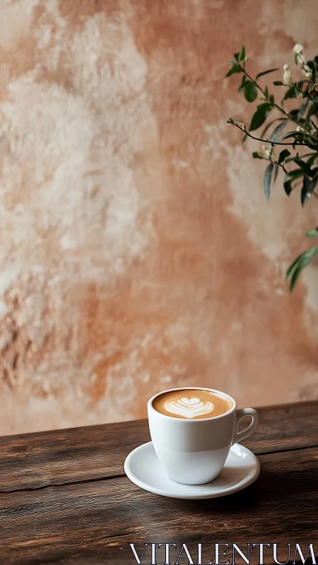 Cup of latte with foam art stands on wooden caf&eacute; table