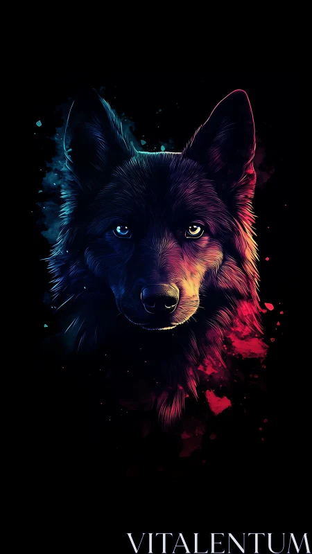Neon wolf portrait glows against deep black negative space