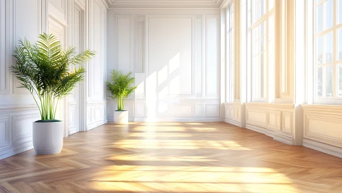 Sunlit classic interior with potted palms and parquet floor.