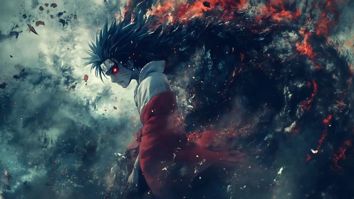 Anime warrior with red energy vortex and high contrast lighting