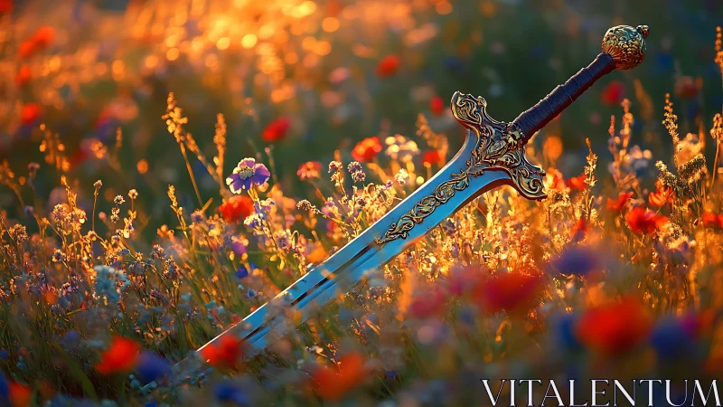 Wildflower sunrise crowns a gilded sword with quiet myth