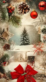Festive winter collage blends ornaments with snowy landscapes.