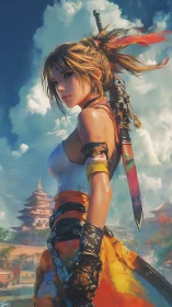 Sword-bearing warrior gazes over sunlit temple cityscape