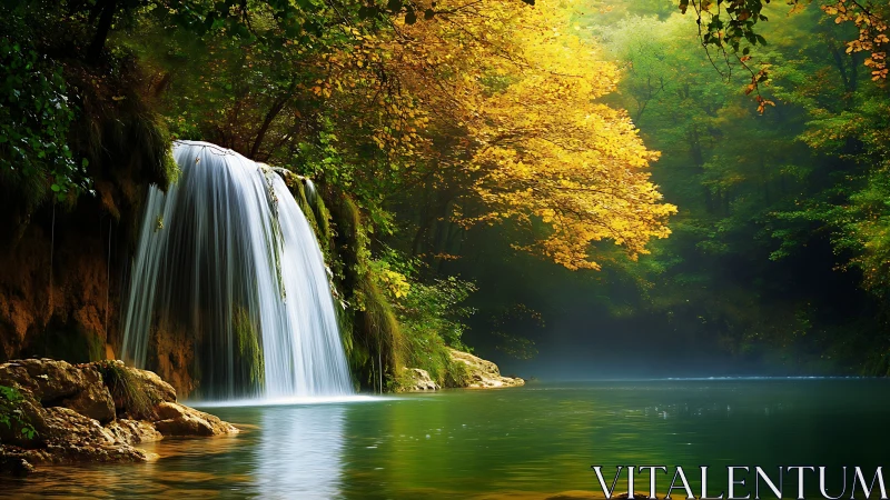 Sunlit forest waterfall cascades into a tranquil emerald pool.