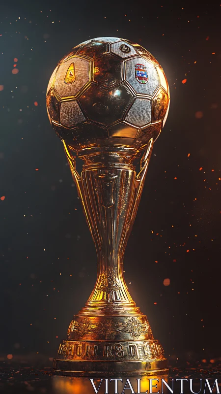 Golden football trophy standing against dark background.