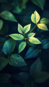Green leaves cluster forms sharp focus against dark foliage