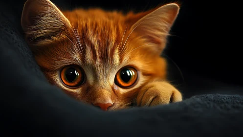 Orange Tabby Cat Close-Up Portrait Against Dark Background