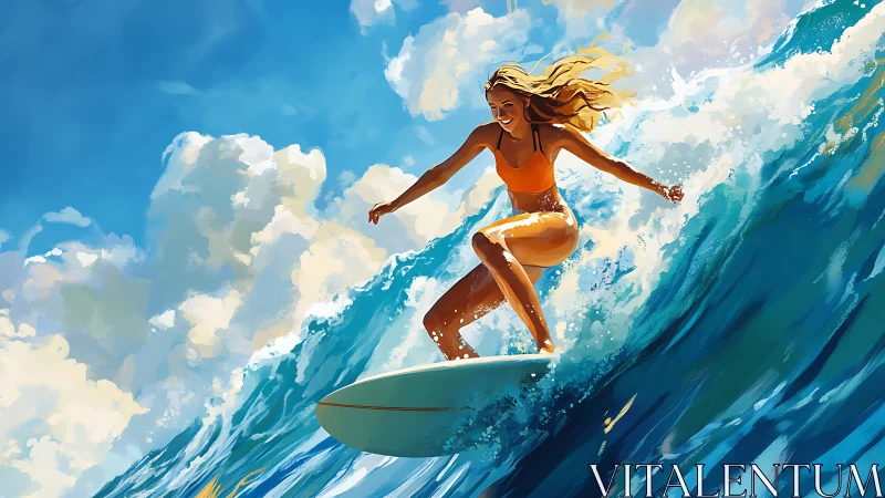 Dynamic digital painting of female surfer carving sunlit wave