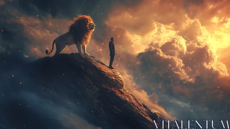 Man and lion share a glowing mountaintop moment at dawn.