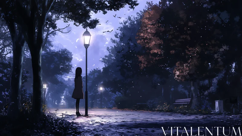 Girl stands under lamppost in dimly lit twilight park